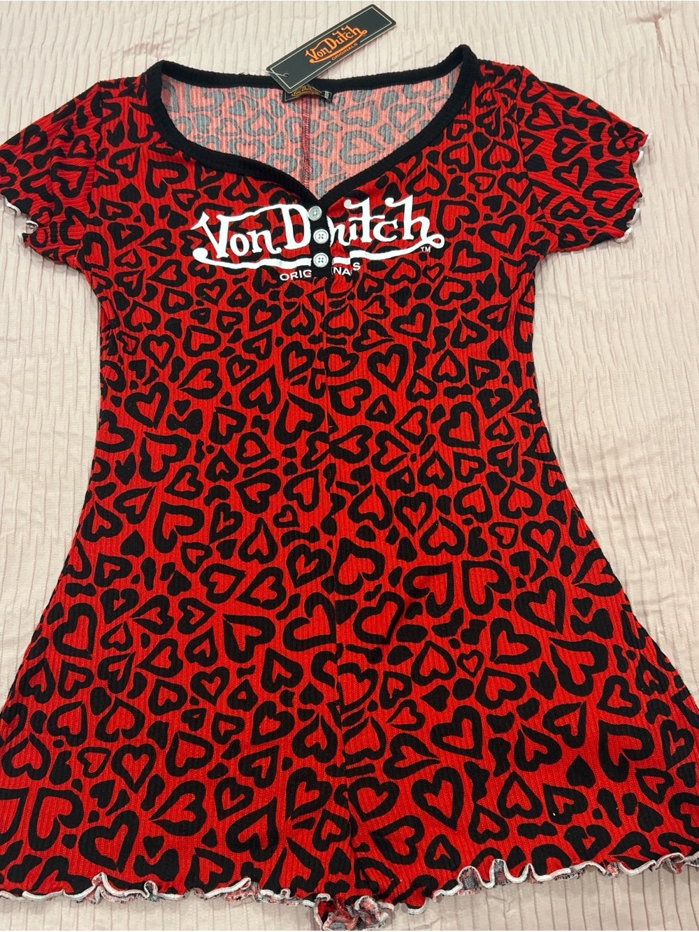 Von Dutch Red & Black Heart Print Scoop Tee